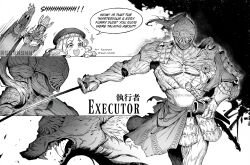 Rule 34 | 1girl, 3boys, alternate form, armor, covered eyes, elden ring, elden ring nightreign, english text, executor (elden ring), finger to mouth, full armor, greyscale, helmet, helmet over eyes, highres, holding, holding sword, holding weapon, ironeye (elden ring), katana, monochrome, multiple boys, multiple views, official alternate costume, revenant (elden ring), saliva, shushing, signature, simple background, speech bubble, standing, sunnbnn, sword, weapon, werewolf, wylder (elden ring)