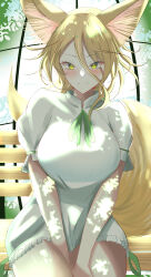 Rule 34 | 1girl, absurdres, animal ear fluff, animal ears, bench, between legs, blonde hair, blush, breasts, breasts out, closed mouth, commentary request, cowboy shot, daichia, fox ears, fox girl, fox tail, green background, green ribbon, hair between eyes, hand between legs, highres, kudamaki tsukasa, large breasts, long bangs, looking at viewer, neck ribbon, on bench, ribbon, romper, short hair, smile, solo, tail, touhou, white romper, wooden bench, yellow eyes