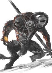 elden_ring elden_ring_nightreign extra_eyes full_body goat_horns goat_legs highres horizontal_pupils horns libra_(elden_ring) loincloth looking_at_viewer mage_staff monster monster_focus shimhaq solo tail very_big_eyes
