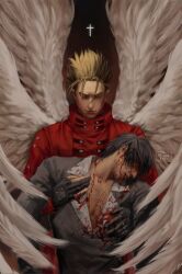 angel_wings artist_name bare_pectorals black_gloves black_hair black_jacket blonde_hair blood blood_on_body blood_on_face chest_hair closed_eyes closed_mouth coat commentary cross english_commentary feathered_wings gloves hand_on_another&#039;s_chest highres jacket kaidenchii lapels multiple_wings nicholas_d._wolfwood notched_lapels partially_fingerless_gloves pectorals red_coat short_hair suit_jacket trigun vash_the_stampede white_wings wings
