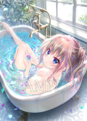 1girl 9-nine- barefoot bath bathing bathroom bloom blue_eyes breasts brown_hair cleavage closed_mouth collarbone completely_nude eyelashes falling_petals full_body hair_between_eyes hair_over_shoulder hair_petal head_tilt in_water indoors izumi_tsubasu knees_up kujou_miyako large_breasts legs long_hair looking_at_viewer nude official_art own_hands_together petals plant ponytail sample_watermark sidelocks smile solo sunlight holding_water watermark wavy_hair window