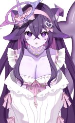 1girl 321oivi animal_ear_fluff animal_ears blush bow bowtie breasts cat_ears cleavage collarbone colored_inner_hair crossed_bangs facial_mark fins fish_tail floral_print hair_between_eyes hair_bow halo highres indie_virtual_youtuber jewelry long_hair megalodon_(vtuber) multicolored_hair necklace open_mouth pearl_necklace pink_bow pink_hair pink_ribbon purple_hair ribbon rose_print shark_girl shark_tail sharp_teeth solo tail teeth virtual_youtuber whisker_markings