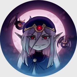 1boy cloak cloud cloudy_sky demon demon_horns demon_wings facial_mark full_moon gem grin hat hat_ornament highres horns lavleyart long_hair looking_at_viewer male_focus moon multiple_persona night night_sky nintendo no_nose non-web_source open_mouth pale_skin pointy_ears portrait purple_cloak purple_hair purple_hat red_eyes red_gemstone self-upload sky smile solo the_legend_of_zelda the_legend_of_zelda:_the_minish_cap v-shaped_eyebrows vaati wings