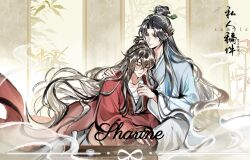 2boys artist_request bamboo bandaged_chest bishounen black_eyes black_hair black_hanfu blue_coat blush brown_hair chinese_clothes chinese_commentary closed_eyes closed_mouth coat collarbone commission cup dao_gui_yi_xian eyelashes faux_traditional_media floating_hair hair_bun hair_ornament hair_stick half_updo hand_on_another&#039;s_shoulder hanfu highres holding holding_cup hug ink_wash_painting leaning_on_person li_huowang long_hair long_sleeves looking_at_another male_focus multiple_boys red_coat robe sample_watermark second-party_source sidelocks single_hair_bun sitting smile smoke table teacup teapot very_long_hair watermark white_hanfu wide_sleeves yaoi zhuge_yuan
