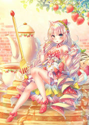 1girl animal_ears arm_ribbon bare_shoulders blue_eyes bow breasts brick_wall cake cake_slice cat_ears cat_girl cat_tail cleavage commentary cream cup dress female_focus fingernails food fork fruit heterochromia holding holding_fork holding_plate ice_cream in_food long_hair looking_at_viewer medium_breasts mini_person minigirl mouth_hold nail_polish nemuri_nemu original pancake pancake_stack pink_heels pink_shoes plate polka_dot red_bow red_nails ribbon shoes silver_hair sitting solo strapless strapless_dress strawberry striped_ribbon tail tea teacup teapot very_long_hair white_dress wrist_cuffs yellow_eyes