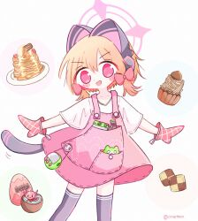 1girl absurdres alternate_costume animal_ear_headphones animal_ears black_thighhighs blonde_hair blue_archive blush_stickers bow cat_ear_headphones cat_ears checkerboard_cookie chocolate collarbone commentary_request cookie cupcake dot_nose dress fake_animal_ears feet_out_of_frame food food_request hair_bow halo handheld_game_console headphones highres looking_at_viewer low-tied_sidelocks midori_(blue_archive) mittens momoi_(blue_archive) object_in_pocket onrataon open_mouth outstretched_arms oven_mitts pancake pancake_stack parted_bangs pinafore_dress pink_dress pink_eyes pink_halo pocket red_bow red_mittens shirt short_hair short_sleeves sidelocks simple_background sleeveless sleeveless_dress smile solo spread_arms tareme thighhighs toy translation_request twitter_username v-shaped_eyebrows virtual_pet_(toy) white_background white_shirt wide_sleeves