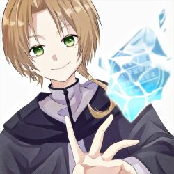Rule 34 | 1boy, blonde hair, brown robe, closed mouth, cryokinesis, green eyes, highres, jacket, looking at viewer, male focus, mole, mole under eye, mushoku tensei, robe, rudeus greyrat, short hair, sibuki 7040, simple background, smile, solo, upper body, white background, white jacket