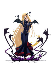 Rule 34 | 1girl, absurdres, arm under breasts, bat wings, black dress, black nails, blonde hair, blue eyes, blue tongue, breast lift, breasts, cleavage, colored tongue, demon girl, demon wings, dress, fang, fur trim, hair ornament, high heels, highres, hile lawrence (artist), large breasts, long hair, looking at viewer, nail polish, navel, overlord (maruyama), renner theiere chardelon ryle vaiself, sharp nails, smile, very long hair, wide hips, wings, yandere