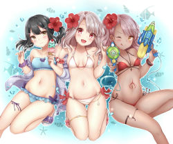 Rule 34 | 3girls, absurdres, alternate costume, bikini, black hair, blue bikini, breasts, chloe von einzbern, dark skin, dark-skinned female, dual wielding, fate/grand order, fate/kaleid liner prisma illya, fate (series), flower, food, frilled bikini, frills, hair flower, hair ornament, highres, holding, holding food, holding spoon, holding water gun, ice cream, ice cream cone, illyasviel von einzbern, long hair, mikujin (mikuzin24), miyu edelfelt, multiple girls, navel, one eye closed, one side up, open mouth, pink hair, red bikini, red eyes, red flower, sandals, small breasts, smile, spoon, stomach tattoo, strapless, strapless bikini, swimsuit, tattoo, thigh strap, tongue, tongue out, twintails, water gun, white bikini, white hair, yellow eyes