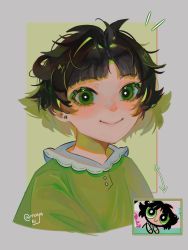 Rule 34 | 1girl, amayaaki2, black hair, blunt bangs, buttercup (ppg), buttercup redraw challenge (meme), cropped torso, derivative work, earrings, green eyes, green pajamas, highres, jewelry, looking at viewer, meme, messy hair, pajamas, powerpuff girls, reference inset, screenshot inset, screenshot redraw, short hair, smile, solo