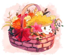 animal_focus basket commentary flower gen_4_pokemon green_eyes legendary_pokemon mythical_pokemon nintendo no_humans pokemon pokemon_(creature) ribbon shaymin shaymin_(land) solo su_(sajo_su5) symbol-only_commentary twitter_username
