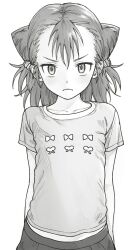 1girl arms_behind_back bow_print closed_mouth collarbone cone_hair_bun double_bun frown greyscale hair_between_eyes hair_bun highres imaninjaguy looking_at_viewer medalist_(manga) medium_hair miketa_ryouka monochrome print_shirt shirt short_sleeves skirt solo t-shirt v-shaped_eyebrows