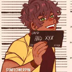 1boy :d bad_anatomy bad_hands barbie_mugshot_(meme) blooming_panic brown_hair brown_shirt coat dark-skinned_male dark_skin double-parted_bangs earrings face_piercing freckles from_side green_eyes grin hair_between_eyes holding holding_sign hoop_earrings jewelry lip_piercing looking_at_viewer male_focus meme messy_hair open_mouth piercing ring shirt sign sleeves_rolled_up smile solo sparkling_eyes sunnyflowerday1 upper_body watch wedding_ring wristwatch xyx yellow_coat