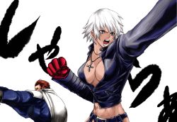 1boy 1girl breasts brown_hair cape choker_(pixiv) cleavage cross cross_necklace dark_skin fighting gender_request genderswap gloves grey_eyes jacket jewelry k&#039;_(kof) large_breasts leather leather_jacket maxima muscular necklace snk the_king_of_fighters unzipped white_hair