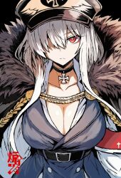 1girl armband belt black_background black_belt breasts bright_pupils cape choker cleavage closed_mouth cross cross_choker fur-trimmed_cape fur_trim girls&#039;_frontline hair_over_one_eye hashtag-only_commentary hat highres kar98k_(girls&#039;_frontline) peaked_cap r_scrubed red_armband red_eyes solo upper_body white_pupils