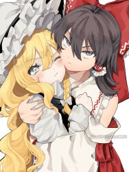2girls :t black_hat black_vest blonde_hair blush bow braid brown_eyes brown_hair closed_mouth commentary detached_sleeves frilled_hair_tubes frills hair_between_eyes hair_bow hair_tubes hakurei_reimu hat hat_bow highres hug kirisame_marisa long_hair long_sleeves looking_at_viewer multiple_girls one_eye_closed red_bow red_shirt shirt side_braid simple_background single_braid sleeveless sleeveless_shirt touhou twitter_username uchisaki_himari v-shaped_eyebrows very_long_hair vest white_background white_bow white_shirt white_sleeves witch_hat yellow_eyes yuri