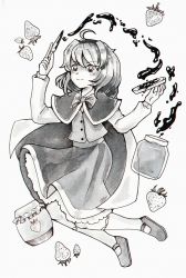 1girl absurdres ahoge blush bread bread_slice breasts cape capelet dungeon_toaster food frilled_skirt frills fruit full_body greyscale highres jam jar knife long_sleeves marmalade mary_janes medium_breasts monochrome okazaki_yumemi shirt shoes simple_background skirt smile strawberry touhou touhou_(pc-98) vest