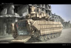 armored_personnel_carrier armored_vehicle autocannon cannon caterpillar_tracks city commentary_request dated debris gun highres konnpeto m2_bradley military military_vehicle motor_vehicle no_humans original outdoors rubble ruins twitter_username vehicle_focus weapon