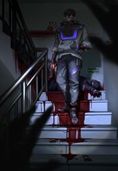 Rule 34 | absurdres, black hair, blood, blood on clothes, bloody handprints, glowing, glowing eyes, gun, hand in pocket, handgun, handprint, highres, holding, holding weapon, hood, hoodie, iso (valorant), popped collar, purple eyes, short hair, sikong afeng, stairs, stairwell, valorant, weapon