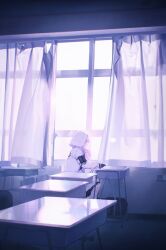 Rule 34 | 14yuruis, 1girl, absurdres, atsuko (blue archive), black gloves, blue archive, classroom, from side, gloves, halo, highres, jacket, kneehighs, looking to the side, purple hair, red eyes, sitting, socks, solo, white halo, white jacket, white socks
