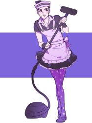 1boy apron black_hair border borrowed_clothes cosplay crossdressing dixie_cup_hat hat higashikata_josuke_(jojolion) jojo_no_kimyou_na_bouken jojolion maid maid_apron male_focus male_maid military_hat nijimura_kei nijimura_kei_(cosplay) pantyhose purple_background purple_eyes reammara solo star_(symbol) sweatdrop tooth_gap vacuum_cleaner