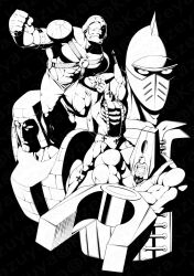 Rule 34 | 5boys, abs, arm cannon, beard, black background, cannonballer, cyborg, facial hair, golemman, high contrast, highres, kazeya kazuya, kinnikuman, kinnikuman big body, leopardon (kinnikuman), mask, monochrome, multiple boys, muscular, pinchman, twitter username, weapon