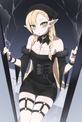 1girl :o absurdres alternate_costume alternate_hairstyle belt_buckle black_dress black_eyeshadow black_nails braid broken_glass buckle chain chain_necklace choker collar cross dress dungeon_meshi ear_piercing elf eyeshadow fishnets garter_straps glass goth_fashion green_eyes headscarf highres jewelry leather_dress looking_at_viewer makeup marcille_donato miniskirt nail_polish necklace nekoromancer piercing pointy_ears sitting skirt spiked_choker spiked_collar spikes twin_braids