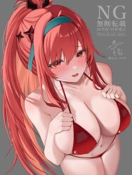 1girl bare_shoulders bikini breasts choker cleavage goddess_of_victory:_nikke highres large_breasts long_hair looking_at_viewer navel official_alternate_costume open_mouth ponytail rapi_(nikke) rapi_(red_hood)_(nikke) rapi_(red_hood)_(red_flavor)_(nikke) red_bikini red_eyes red_hair simple_background smile solo stomach swimsuit yazuki_(n_y_0714)