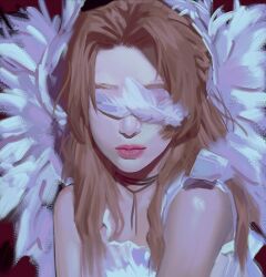 1girl aerith_gainsborough angel_wings bare_shoulders black_choker brown_hair choker closed_mouth covered_eyes derivative_work dress feathers final_fantasy final_fantasy_vii jeseni long_hair parted_bangs pink_lips sidelocks sleeveless sleeveless_dress solo upper_body white_dress white_feathers white_wings wings