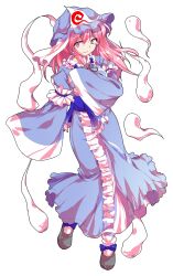 1girl alphes_(style) commentary_request dairi dress full_body ghost hand_fan hat highres parody pink_eyes pink_hair saigyouji_yuyuko short_hair smile solo style_parody tachi-e touhou transparent_background triangular_headpiece wide_sleeves