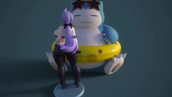 1girl 3d anabel_(pokemon) animated ass bikini blush breasts cleavage covered_erect_nipples covered_navel curvy full_body gen_1_pokemon highres huge_ass huge_breasts long_hair nintendo pokemon pokemon_sm ponytail purple_eyes purple_hair snorlax solo standing swimsuit tagme thick_thighs thighs usukeninja video wide_hips