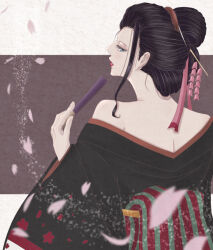 1girl black_hair black_kimono blue_eyes commentary falling_petals from_behind geisha hair_ornament hand_fan highres holding holding_fan japanese_clothes kanzashi kimono looking_back mino_(mii_mt) nico_robin nico_robin_(wano) obi one_piece petals pink_petals red_lips sash sidelocks solo upper_body