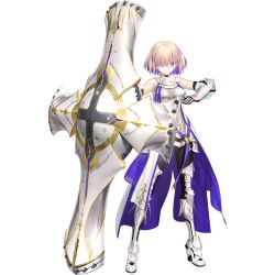 1girl armor armored_boots bare_shoulders boobplate boots bracer breastplate closed_mouth colored_inner_hair fate/grand_order fate_(series) full_body game_cg gauntlets gorget hair_over_one_eye hand_up high_heel_boots high_heels highres holding holding_shield leg_armor legs_apart looking_at_viewer lord_camelot_(fate) mash_kyrielight mash_kyrielight_(paladin) multicolored_hair official_art one_eye_covered pink_hair purple_eyes shield short_hair smile solo spoilers standing tachi-e takeuchi_takashi third-party_source transparent_background trinity_metatronius_(fate/grand_order) waist_cape white_armor