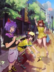 Rule 34 | 3girls, absurdres, ahoge, amulet, animal ears, backwards hat, bag, black collar, black shirt, black socks, blue bag, blue footwear, blue sky, bracelet, braided twintails, brown hair, building, cat ears, cat girl, cellphone, city, collar, commentary request, dappled sunlight, day, dog ears, dog girl, dress, fangs, food, green eyes, green shorts, grey thighhighs, hair between eyes, handbag, hat, highres, holding, holding phone, hololive, ice cream, ice cream cone, ice cream cone spill, inugami korone, jewelry, jumping, lamppost, leaning forward, letro, long hair, medium hair, mismatched thighhighs, multiple girls, navel, nekomata okayu, oozora subaru, orange eyes, outdoors, people, phone, pink eyes, planter, purple hair, purple shirt, purple shorts, reaching, red collar, red hair, red thighhighs, sandals, shirt, shoes, shop, short shorts, shorts, sidewalk, sign, sky, skyscraper, smartphone, socks, standing, sunlight, thighhighs, tree, two-tone shirt, virtual youtuber, waving, yellow dress, yellow shirt, yellow shoes