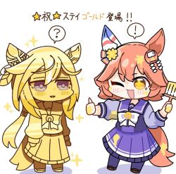 ! ? animal_ears blush breasts chibi commentary_request hair_between_eyes hair_ornament long_hair matikanefukukitaru_(umamusume) medium_hair one_eye_closed open_mouth paint paintbrush school_uniform stay_gold_(umamusume) temu_(kobaeihuk) tracen_school_uniform translation_request umamusume white_background