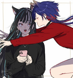 2girls animal_ears aqua_hair black_choker black_hair black_sweater blue_hair blush cat_ears cat_girl cellphone choker earrings fangs floating_hair glomp harusaruhi highres holding holding_phone hug imminent_hug isshiki_(ffmania7) jewelry jumping kamitsubaki_studio kemonomimi_mode long_hair long_sleeves looking_at_another multicolored_hair multiple_girls open_mouth outstretched_arms phone red_hair red_sweater rim_(kamitsubaki_studio) simple_background slit_pupils small_sweatdrop smartphone smile streaked_hair sweater upper_body virtual_youtuber white_background white_hair wide-eyed yellow_eyes