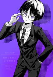 1boy alternate_costume arm_at_side blunt_ends breast_pocket contemporary drop_shadow formal_clothes genshin_impact greyscale_with_colored_background hand_in_pocket hand_up highres jacket layered_sleeves long_sleeves looking_at_viewer male_focus necktie pants pen pocket purple_background purple_eyes scaramouche_(genshin_impact) shirt smirk snow20200 solo spot_color suit suit_jacket twitter_username undershirt watermark wispy_bangs