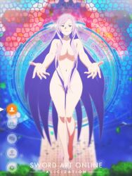 1girl bare_shoulders barefoot blue_sky blurry blurry_background breasts choker collarbone convenient_censoring day depth_of_field dress hair_censor hair_ornament hair_over_breasts hexagon long_dress long_hair looking_at_viewer medium_breasts navel nude official_art outdoors outstretched_arms palms purple_eyes purple_hair quinella reaching reaching_towards_viewer sky solo sword_art_online sword_art_online:_alicization very_long_hair white_choker