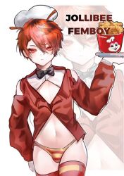 Rule 34 | 1boy, bare shoulders, belly, black necktie, bulge, chicken (food), duggy guddy, femboy hooters (meme), food, fried chicken, frown, hair between eyes, hand up, holding, holding food, holding plate, jacket, jollibee, jollibee (mascot), long sleeves, looking at viewer, male focus, navel, necktie, panties, plate, red eyes, red hair, red jacket, red panties, red thighhighs, reverse bunnysuit, reverse outfit, shirt, short hair, striped clothes, striped panties, striped thighhighs, thighhighs, thighs, trap, underwear, white background, white shirt, yellow panties, yellow thighhighs