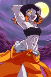 1girl armpits arms_up bare_shoulders breasts cleavage earrings fangs female_focus highres jewelry kimetsu_no_yaiba looking_at_viewer medium_breasts multicolored_hair muscular muscular_female navel one_eye_closed open_mouth short_hair slit_pupils solo square_of_light strapless susamaru_(kimetsu_no_yaiba) tube_top two-tone_hair veins veiny_arms yellow_eyes