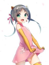 10s 1girl absurdres animal_ears black_hair elbow_gloves etotama female_focus gloves green_eyes highres horns long_hair ninnzinn solo thighhighs uri-tan