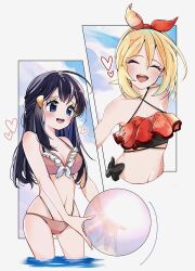 2girls akari_(pokemon) ball bare_shoulders beachball bikini black_bikini black_hair blonde_hair blush breasts closed_eyes cocoa_s3 eyelashes frilled_bikini frills grey_eyes hair_between_eyes hair_ornament hairband halterneck heart highres holding holding_ball holding_beachball irida_(pokemon) long_hair multiple_girls navel nintendo open_mouth pink_bikini pokemon pokemon_legends:_arceus ponytail red_bikini red_hairband short_hair sidelocks smile stomach swimsuit