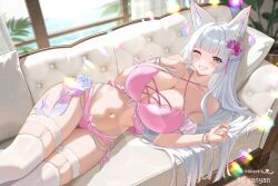 1girl animal_ears bare_shoulders bra braid breasts chinese_commentary cleavage commentary_request commission couch criss-cross_halter detached_sleeves eyeshadow flower fox_ears gher5 grey_eyes grin hair_flower hair_ornament halterneck hands_up highres huge_breasts indoors long_hair looking_at_viewer lying makeup navel on_couch on_side one_eye_closed original panties pillow pink_bra pink_panties smile solo stomach string_bra thighhighs thighs underwear very_long_hair white_hair white_thighhighs