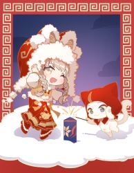 1girl :3 animal animal_ear_headwear animal_ears border bow bowtie braid brown_bow brown_bowtie brown_eyes brown_hair cat cat_princess chibi chinese_commentary cloak closed_mouth clothed_animal commentary_request ear_covers eyelashes fake_animal_ears fireworks fur-trimmed_headwear fur-trimmed_shoes fur-trimmed_vest fur_trim grey_eyes hand_on_headwear happy hat holding holding_fireworks hood hood_up hooded_cloak hutou_hat infinity_nikki light_blush long_hair long_skirt long_sleeves looking_at_object looking_at_viewer making-of_available momo_(nikki) new_bloom_blessings_(infinity_nikki) nikki_(series) official_alternate_costume on_cloud one_eye_closed open_mouth orange_vest outdoors outside_border pantyhose pleated_skirt pom_pom_(clothes) puffy_long_sleeves puffy_sleeves red_border red_cloak red_hat red_pantyhose red_shoes red_skirt shadow shirt shoes side_braid skirt smile sparkler standing swept_bangs tareme twilight twin_braids vest white_cat white_shirt