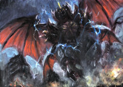 Rule 34 | absurdres, blue electricity, building, city, claws, crest, destoroyah, destruction, electricity, energy, explosion, extra wings, fire, g.n.a, giant, giant monster, glowing, glowing eyes, glowing horn, godzilla (series), godzilla vs. destoroyah, highres, horns, kaiju, looking at viewer, looking down, low wings, monster, night, no humans, no pupils, orange eyes, overcast, pincers, single horn, sky, skyscraper, smoke, tail, toho, white electricity, wings