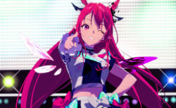 1girl absurdres animal_ears asymmetrical_sleeves asymmetrical_wings bloom_(irys) blue_bow blush bow breasts buttons detached_wings double-breasted extra_ears foreshortening frilled_sleeves frills gloom_(irys) grin hand_on_own_hip highres hololive hololive_english hololive_idol_uniform_(bright) horns horse_ears idol idol_clothes irys_(hololive) long_hair looking_at_viewer medium_breasts midriff mismatched_wings navel official_alternate_costume one_eye_closed pako_(pakosun) parody pointing pointing_at_viewer pointy_ears purple_eyes red_bow red_hair shirt smile solo stage_lights standing style_parody umamusume upper_body very_long_hair virtual_youtuber white_bow white_shirt wings