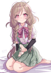 1girl absurdres arm_warmers bare_legs braid brown_hair dress_shirt highres hizaka kantai_collection lap_pillow_invitation looking_at_viewer messy_hair minegumo_(kancolle) pink_eyes seiza shirt simple_background sitting skirt smile solo twin_braids twitter_username white_background