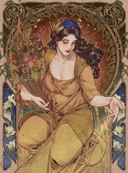 1girl basket berry blue_headscarf border breasts brown_hair cape cleavage closed_eyes collarbone commentary cornucopia demeter_(mythology) dress eliza_fox fingernails flower greek_mythology hair_flower hair_ornament headscarf highres holding holding_basket large_breasts laurels light_smile lily_(flower) long_fingernails long_hair looking_down ornate_border parted_lips purple_flower red_flower red_lips sash solo star_(symbol) wavy_hair wheat white_flower yellow_cape yellow_dress yellow_sash