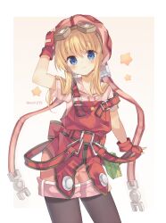 1girl blonde_hair blue_eyes eiyuu_densetsu fingerless_gloves gloves goggles goggles_on_head hat highres looking_at_viewer overalls pantyhose pantyhose_under_shorts pink_shirt pink_shorts red_gloves red_hat red_overalls rento_(rukeai) shirt shorts smile solo sora_no_kiseki standing tita_russell twitter_username