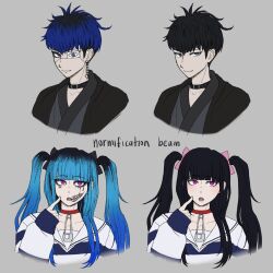 1boy 1girl amemiya_darumi black_collar black_hair blue_eyes blue_hair collar ear_piercing earrings eyepatch grey_background heart japanese_clothes jewelry looking_at_viewer makeup multicolored_hair multiple_views omokage_yugamu open_mouth piercing pink_eyes red_collar runny_makeup safety_pin shirt short_hair striped_clothes striped_shirt the_hundred_line_-last_defense_academy- twintails upper_body
